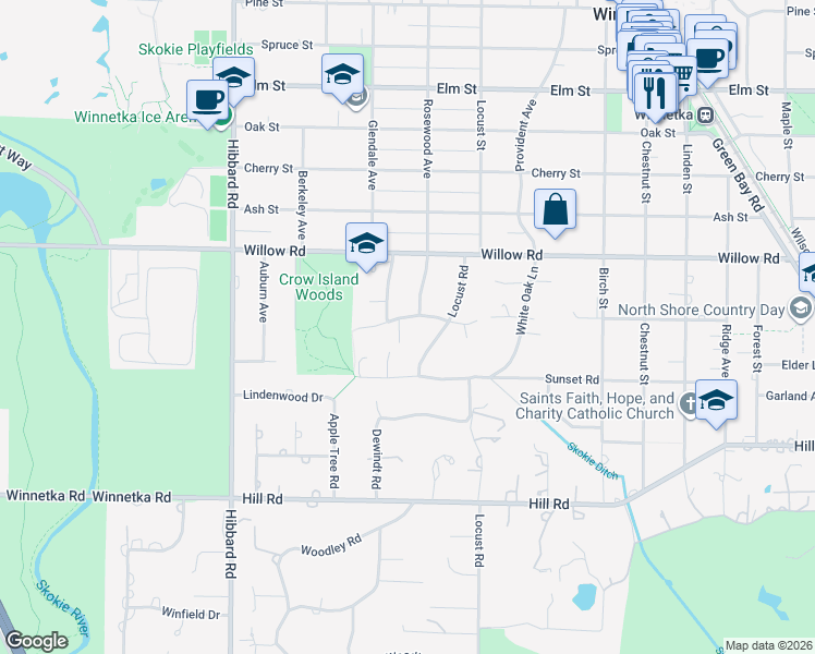 map of restaurants, bars, coffee shops, grocery stores, and more near 1066 Mount Pleasant Road in Winnetka