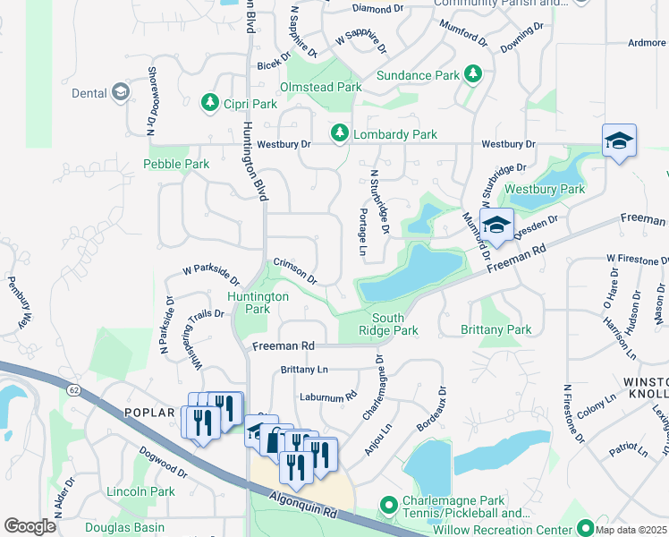 map of restaurants, bars, coffee shops, grocery stores, and more near 4160 Crimson Drive in Hoffman Estates
