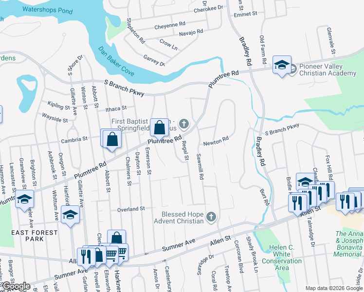 map of restaurants, bars, coffee shops, grocery stores, and more near 22 Regal Street in Springfield