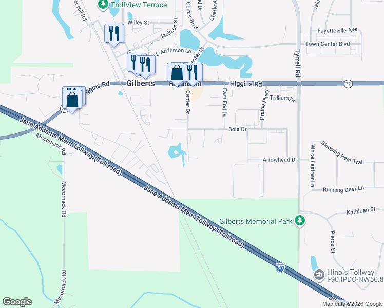 map of restaurants, bars, coffee shops, grocery stores, and more near 161 Center Drive in Gilberts