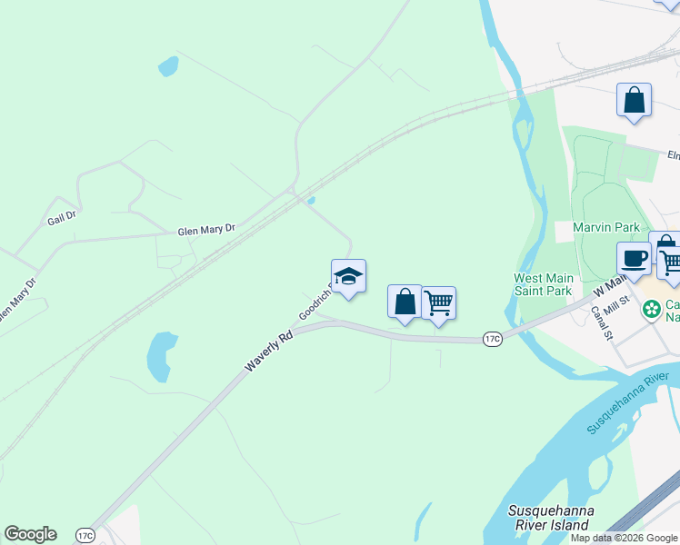 map of restaurants, bars, coffee shops, grocery stores, and more near County Road 907 in Tioga County