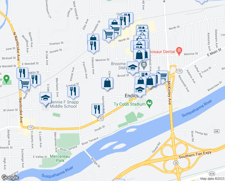 map of restaurants, bars, coffee shops, grocery stores, and more near 219 Cleveland Avenue in Endicott