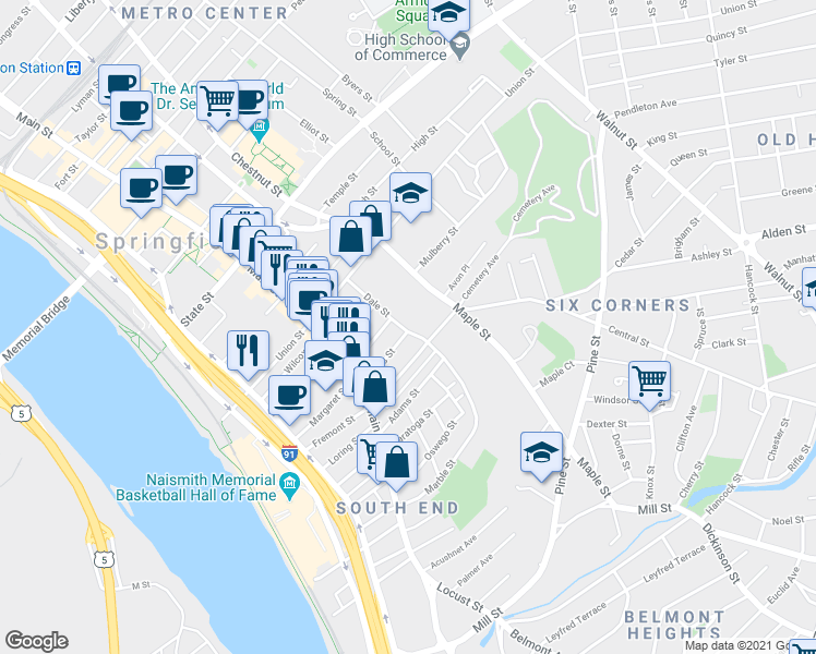map of restaurants, bars, coffee shops, grocery stores, and more near 82 Morris Street in Springfield