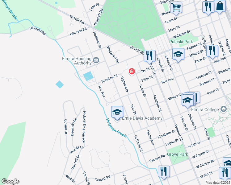 map of restaurants, bars, coffee shops, grocery stores, and more near 1009 Hoffman Street in Elmira