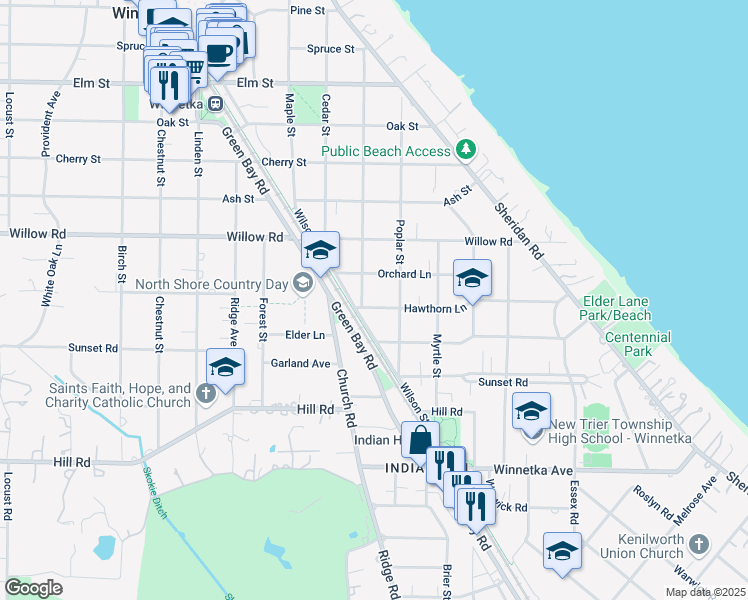 map of restaurants, bars, coffee shops, grocery stores, and more near 571 Hawthorn Lane in Winnetka