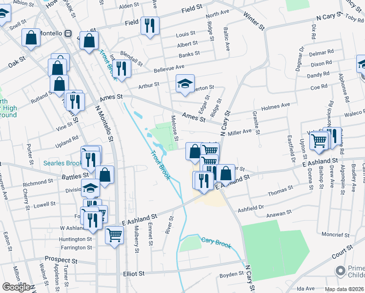 map of restaurants, bars, coffee shops, grocery stores, and more near 75 Melrose Avenue in Brockton