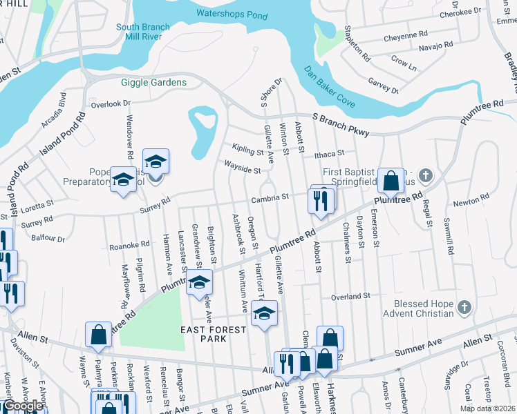 map of restaurants, bars, coffee shops, grocery stores, and more near 76 Gillette Cir in Springfield