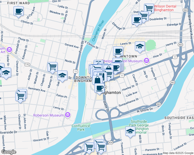map of restaurants, bars, coffee shops, grocery stores, and more near 47 Court Street in Binghamton