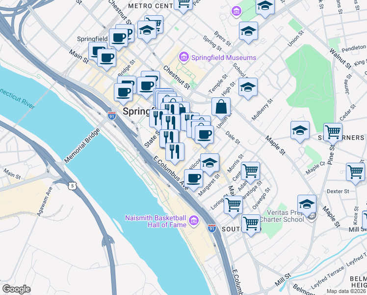map of restaurants, bars, coffee shops, grocery stores, and more near 29 Howard Street in Springfield