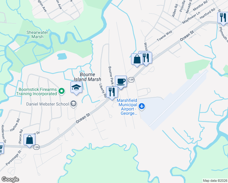 map of restaurants, bars, coffee shops, grocery stores, and more near 15 Bourne Park Avenue in Marshfield