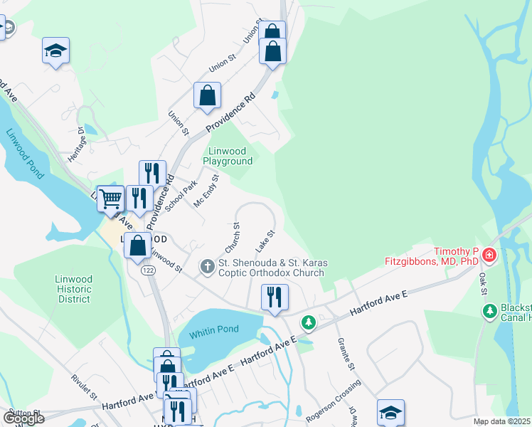 map of restaurants, bars, coffee shops, grocery stores, and more near 111 Church Street in Uxbridge