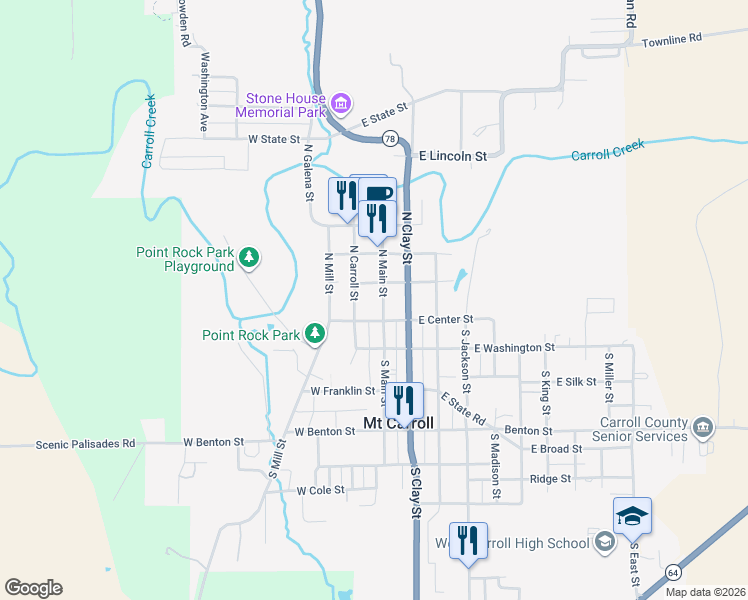 map of restaurants, bars, coffee shops, grocery stores, and more near 105 N Main St in Mt Carroll