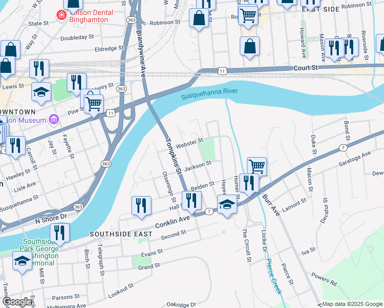 map of restaurants, bars, coffee shops, grocery stores, and more near 35 Broome Street in Binghamton