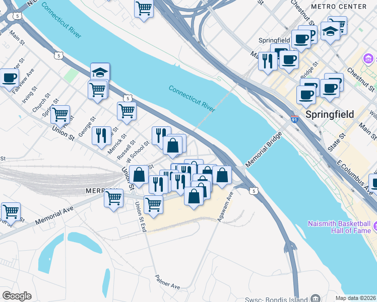 map of restaurants, bars, coffee shops, grocery stores, and more near 9 Globe Street in West Springfield