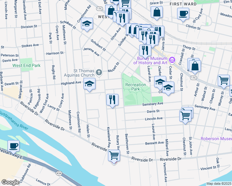 map of restaurants, bars, coffee shops, grocery stores, and more near 88 Rotary Avenue in Binghamton