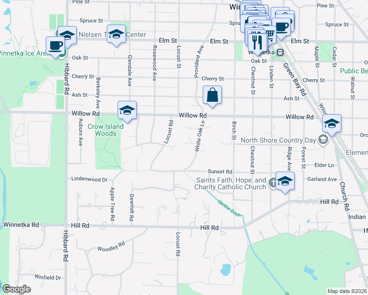 map of restaurants, bars, coffee shops, grocery stores, and more near 290 White Oak Lane in Winnetka