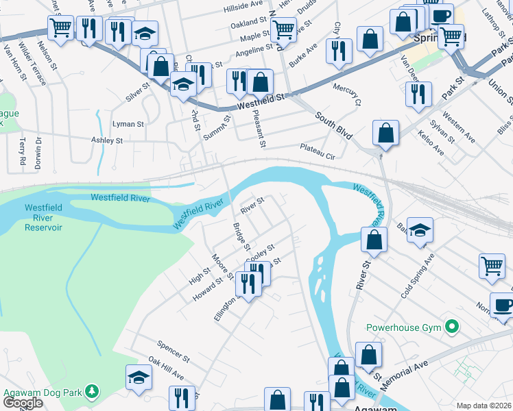 map of restaurants, bars, coffee shops, grocery stores, and more near 25 River Street in Agawam