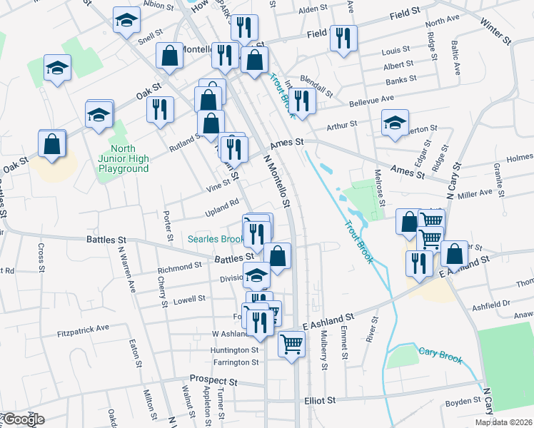 map of restaurants, bars, coffee shops, grocery stores, and more near 71 East Main Street in Brockton