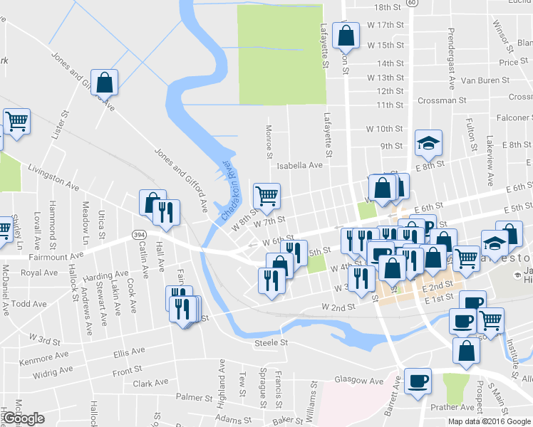 map of restaurants, bars, coffee shops, grocery stores, and more near 712 Monroe Street in Jamestown