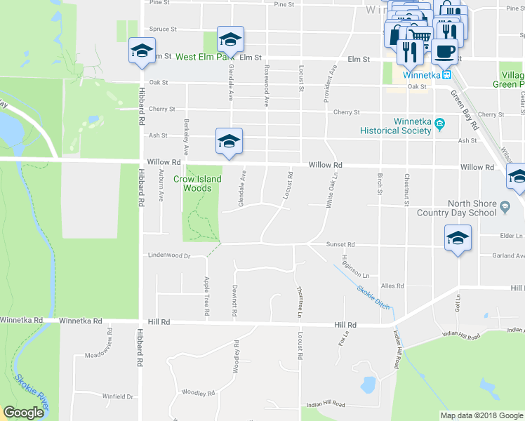 map of restaurants, bars, coffee shops, grocery stores, and more near 1066 Mount Pleasant Road in Winnetka