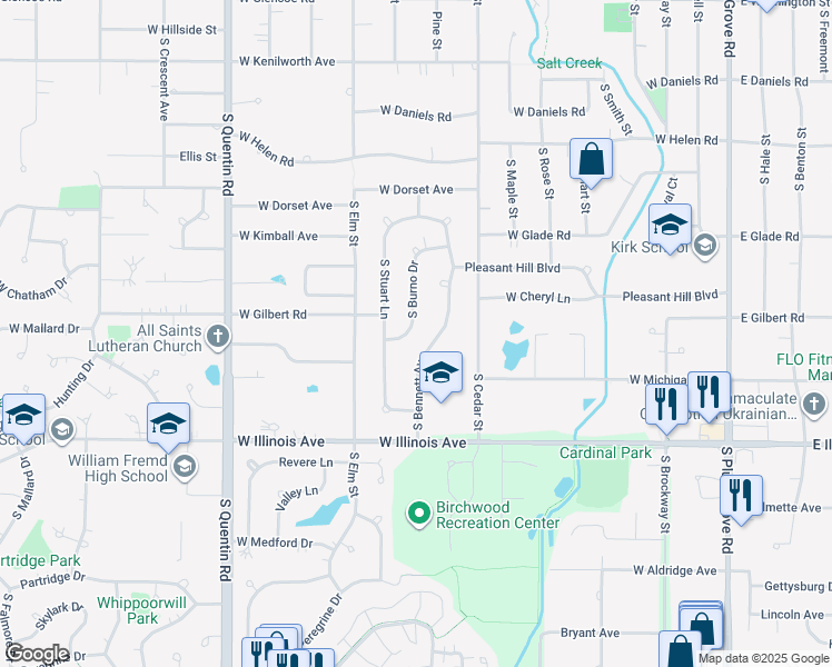 map of restaurants, bars, coffee shops, grocery stores, and more near 613 South Burno Drive in Palatine