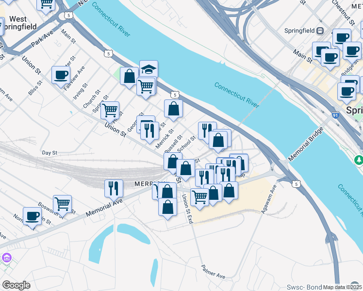 map of restaurants, bars, coffee shops, grocery stores, and more near 36-38 West School Street in West Springfield