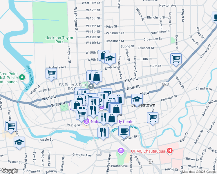 map of restaurants, bars, coffee shops, grocery stores, and more near 518 Pine Street in Jamestown