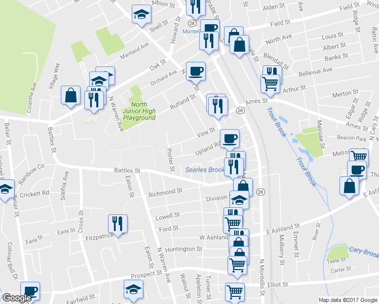 map of restaurants, bars, coffee shops, grocery stores, and more near 67 Upland Road in Brockton