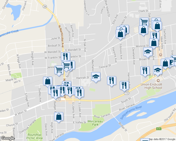 map of restaurants, bars, coffee shops, grocery stores, and more near 401 Chestnut Street in Endicott