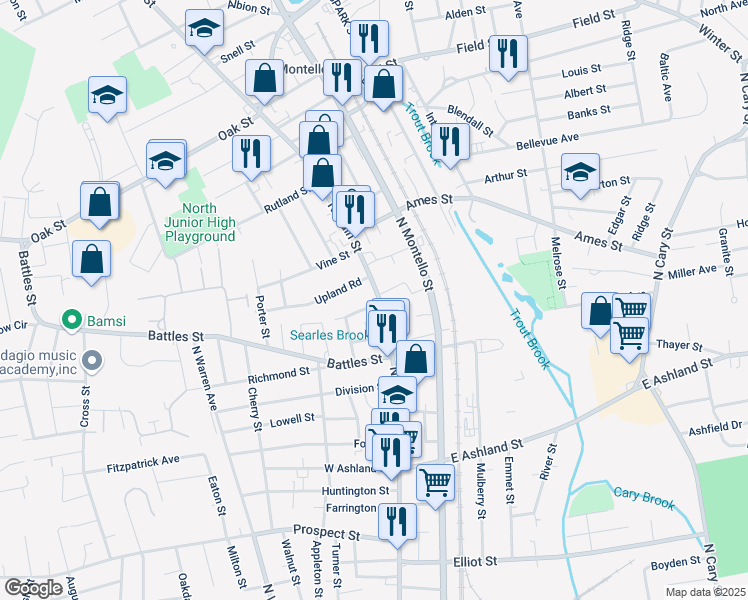 map of restaurants, bars, coffee shops, grocery stores, and more near 622 North Main Street in Brockton