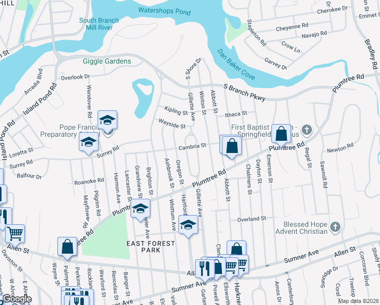 map of restaurants, bars, coffee shops, grocery stores, and more near 76 Gillette Circle in Springfield
