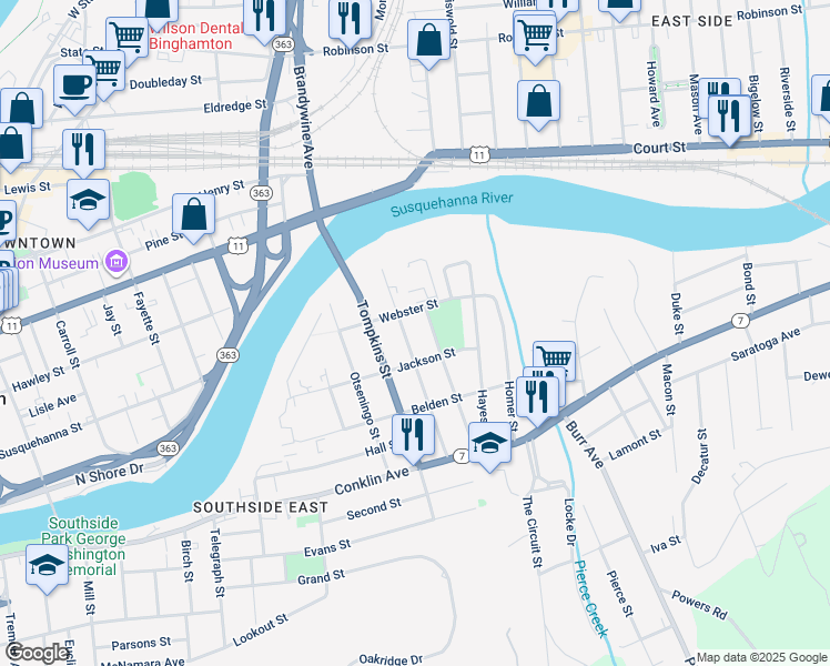 map of restaurants, bars, coffee shops, grocery stores, and more near 35 Broome Street in Binghamton