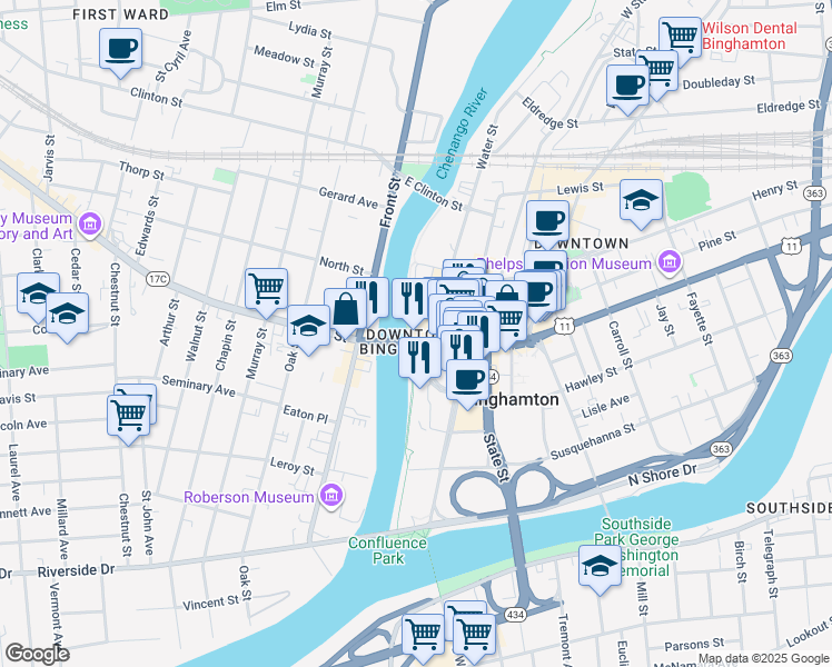 map of restaurants, bars, coffee shops, grocery stores, and more near 11 Court Street in Binghamton