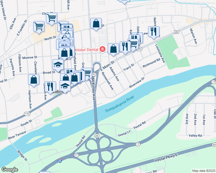 map of restaurants, bars, coffee shops, grocery stores, and more near 407 McKinley Avenue in Endicott