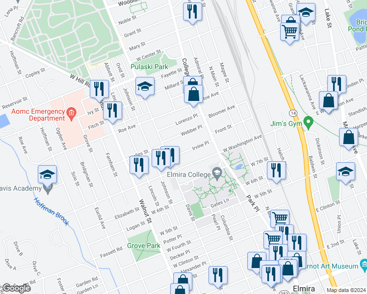 map of restaurants, bars, coffee shops, grocery stores, and more near 326 Irvine Place in Elmira