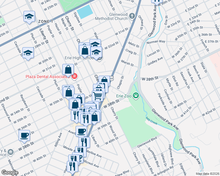 map of restaurants, bars, coffee shops, grocery stores, and more near 3605-3607 Peach St in Erie