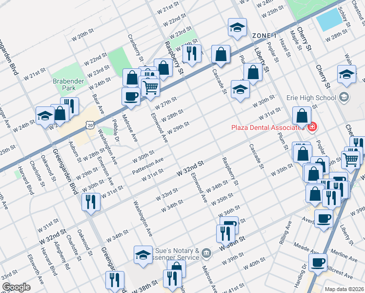 map of restaurants, bars, coffee shops, grocery stores, and more near 1205 West 30th Street in Erie