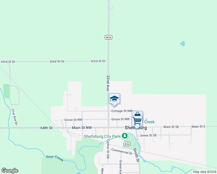 map of restaurants, bars, coffee shops, grocery stores, and more near 6377-6387 County Trunk Highway W26 in Shellsburg