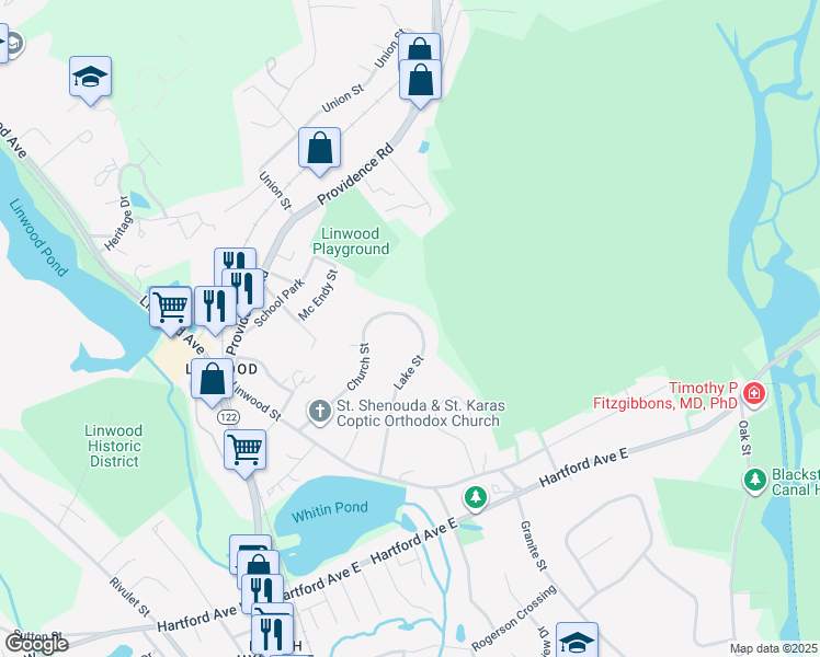 map of restaurants, bars, coffee shops, grocery stores, and more near 111 Church Street in Uxbridge