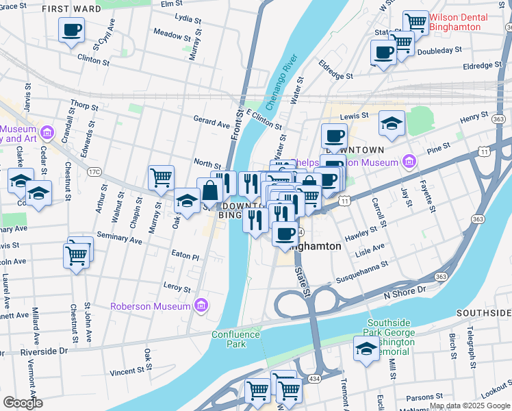 map of restaurants, bars, coffee shops, grocery stores, and more near 11 Court Street in Binghamton