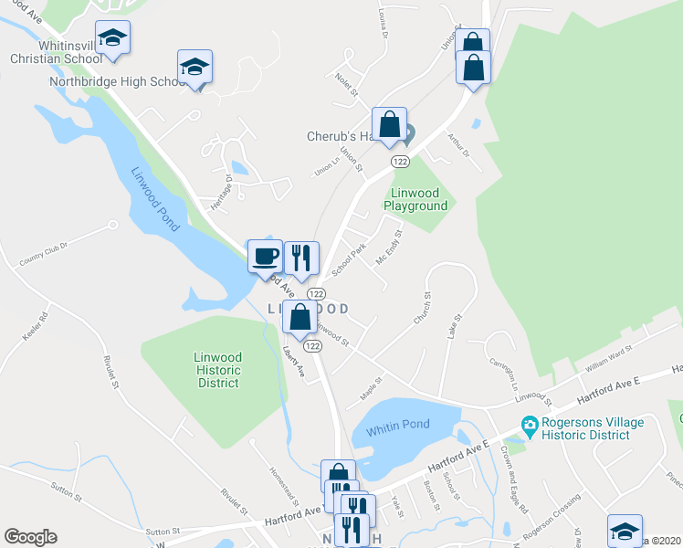 map of restaurants, bars, coffee shops, grocery stores, and more near 28 School Park in Northbridge