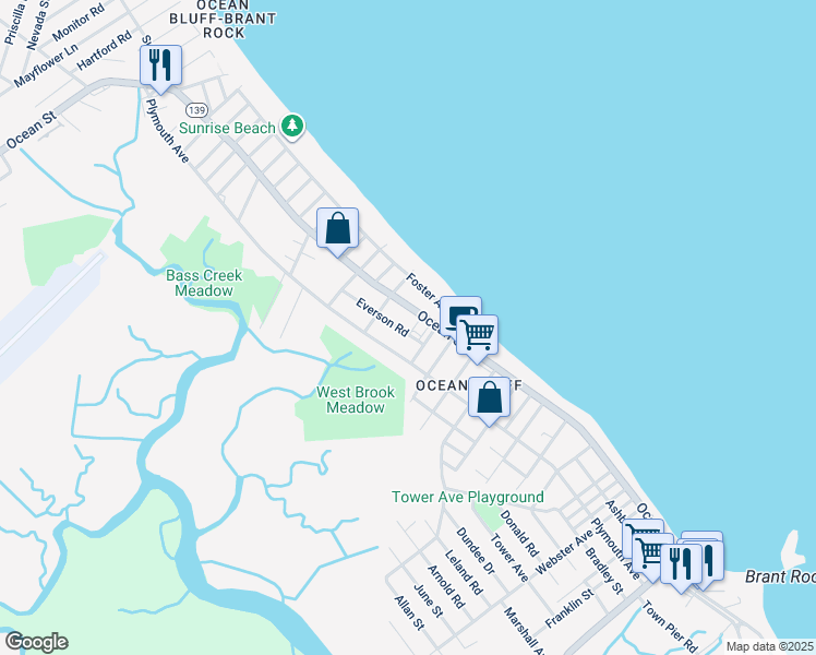 map of restaurants, bars, coffee shops, grocery stores, and more near 20 Everson Road in Marshfield
