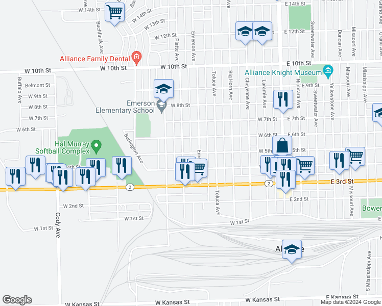 map of restaurants, bars, coffee shops, grocery stores, and more near 651 West 5th Street in Alliance