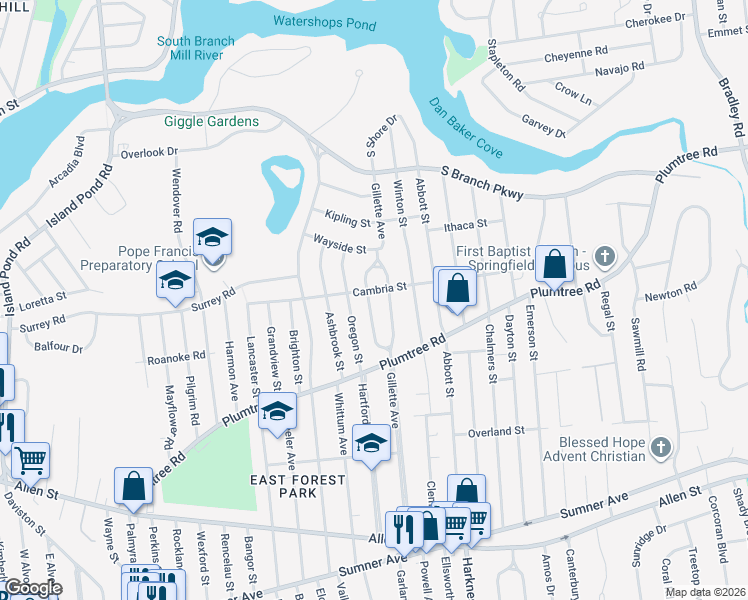 map of restaurants, bars, coffee shops, grocery stores, and more near 76 Gillette Circle in Springfield