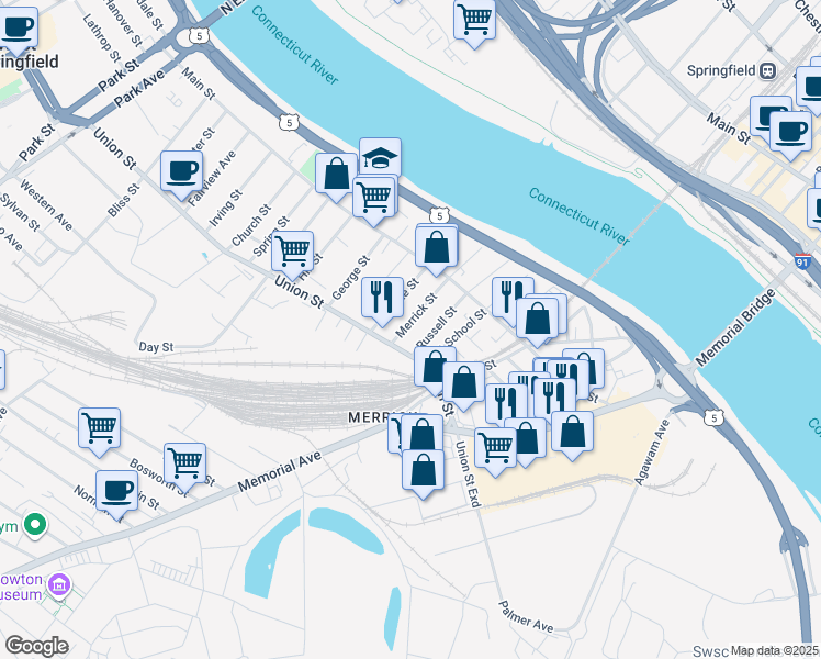 map of restaurants, bars, coffee shops, grocery stores, and more near 65 Merrick Street in West Springfield