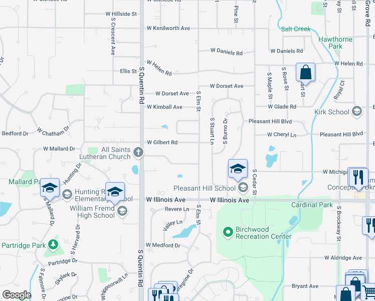 map of restaurants, bars, coffee shops, grocery stores, and more near 675 West Gilbert Road in Palatine