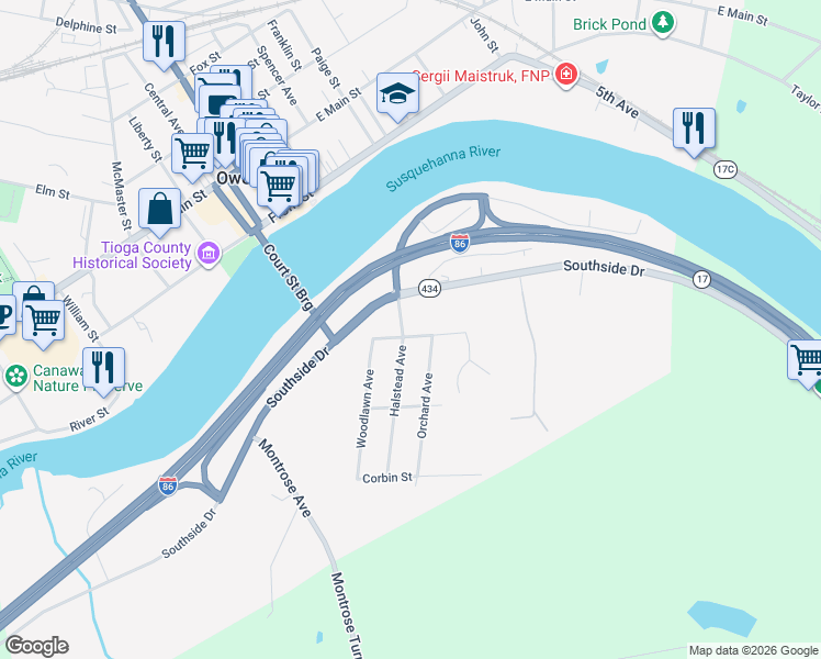 map of restaurants, bars, coffee shops, grocery stores, and more near 15 Ruth Street in Owego