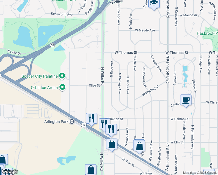 map of restaurants, bars, coffee shops, grocery stores, and more near 1252 North Race Avenue in Arlington Heights