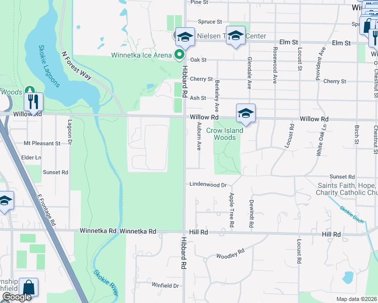 map of restaurants, bars, coffee shops, grocery stores, and more near 277 Hibbard Road in Winnetka