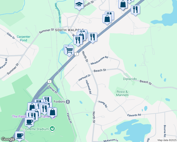 map of restaurants, bars, coffee shops, grocery stores, and more near 188 North Street in Foxborough